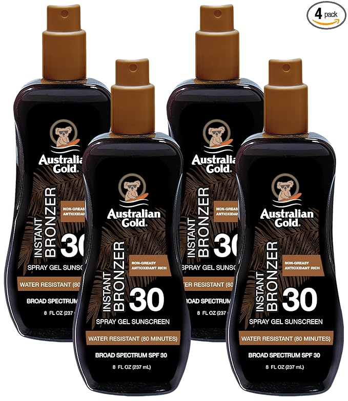 Australian Gold Spray Gel Sunscreen with Instant Bronzer SPF 30, 8 Ounce | Moisturize & Hydrate Skin | Broad Spectrum | Water Resistant | Non-Greasy | Oxybenzone Free | Cruelty Free (Pack of 4)