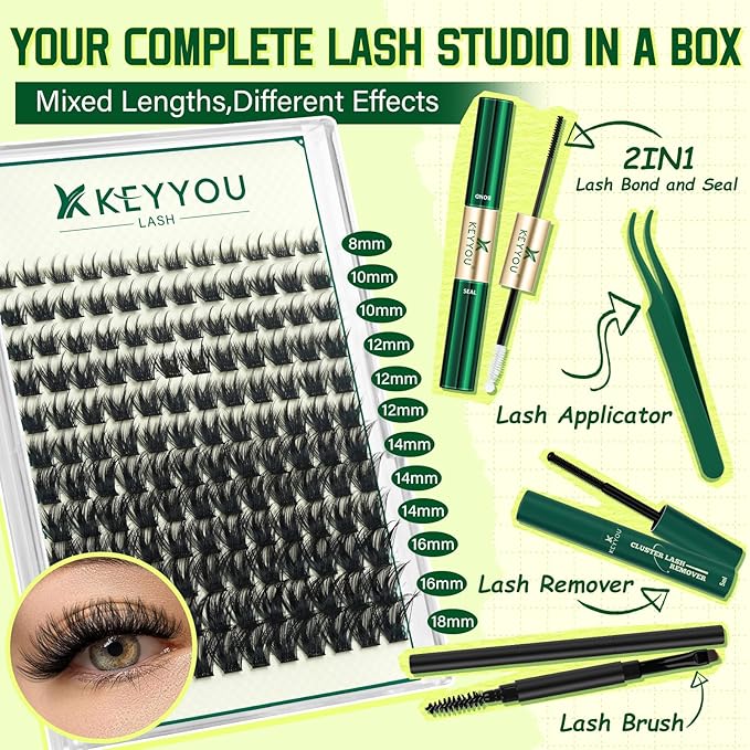 DIY Lash Extension Kit KEYYOU 144pcs Lash Clusters Eyelash Extension Kit with Mascara Brush Bond and Seal Lash Remover Lash Applicators Lash Brush for DIY Lash Extensions (Y22 Kit)