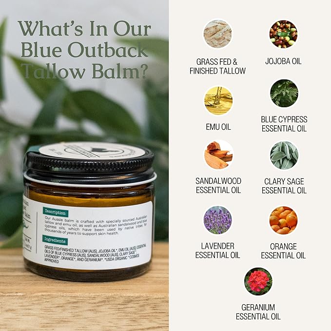 Hearth & Homestead Whipped Beef Tallow for Skin & Face, 100% Australian Grass Fed, Eczema Cream & Body Butter, Lotion & Hand Moisturizer for Dry Skin, Emu, Jojoba, Sandalwood, and Blue Cypress, 1.3oz