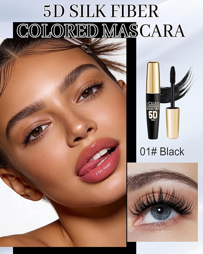 Black Waterproof Mascara for Eyelash, 5D Silk Fiber Lashes Extension Colored Tube Mascaras with Eyelash Brush, Long Lasting Curling Mascara Volume and Length, Eye Makeup Gift for Women
