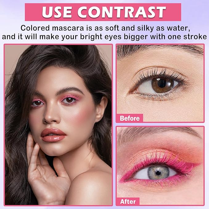 Pink Mascara and Eyeliner Set,Natural Curling Pink Mascara for Eyelashes,Volumizing Lengthening Rimel de Pestañas Waterproof,5D Colored Eye Makeup