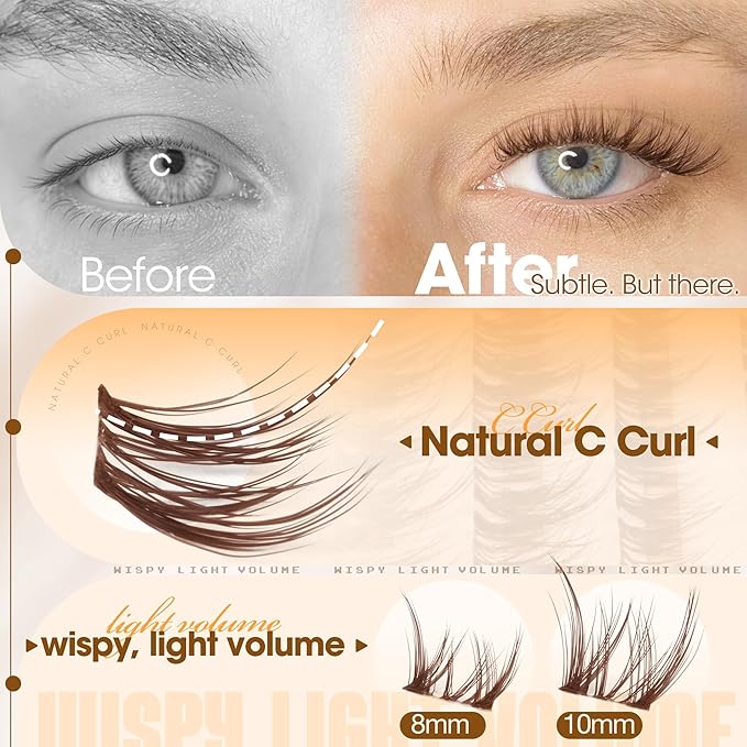 Brown Lash Clusters 8-10MM Short Natural Individual Eyelashes Wispy Fluffy Spider Cluster Eyelash Extensions with C-Curly & Ultra-Fine Clear Band, Featherlight, "Less is More", Glasses-Friendly