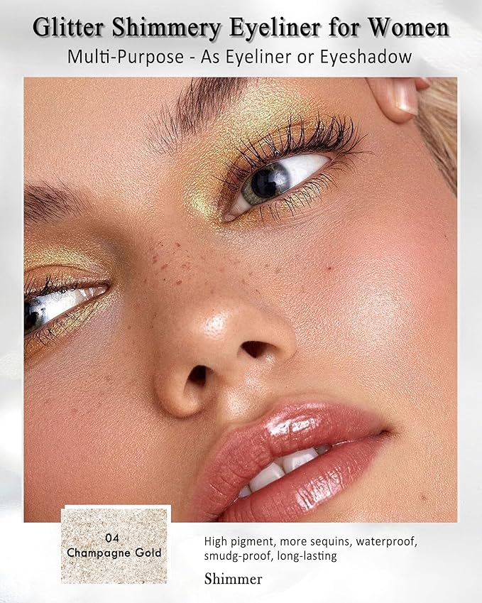Gold Glitter Eyeliner Pencil Brightener Stick, Long-Stay 24H, Waterproof Smudge-Proof Retractable Eyeliner Pen, Cream Gel Eye Liner Waterline, Shimmer Highlighter Eye Liner Makeup Pen with Sharpener