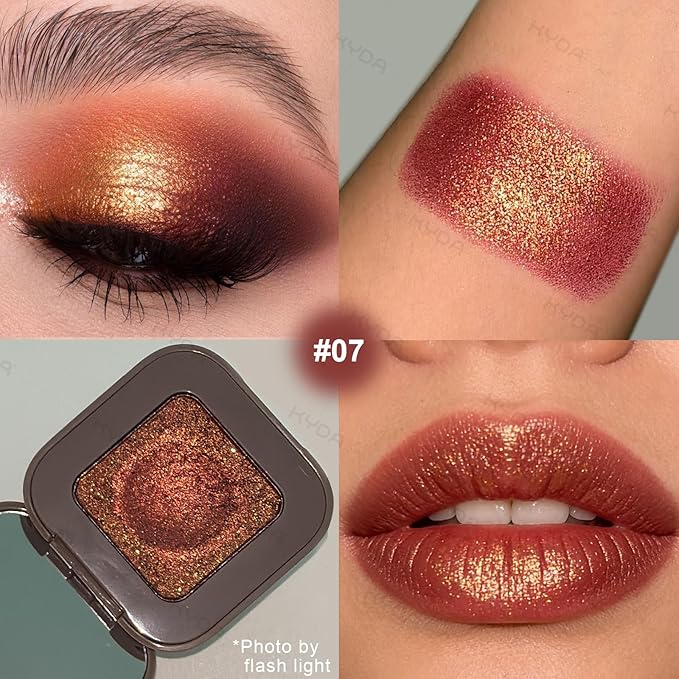 KYDA Chameleon Metallic Eyeshadow, Chrome Shimmer Eye Shadow Makeup, Smooth Pressed Powder Palette with Mirror, High Pigment Soft Eyeshadow, Lasting Glitter Eye Look, 07 Golden Carlet