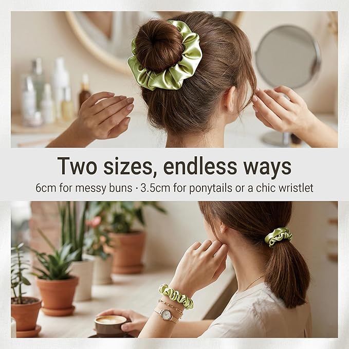 ZLYC 100% Mulberry Silk Hair Tie Scrunchie 19 Momme Gentle Creaseless Dent-Free Ponytail Holder for Women, 6cm Solid Sage Green
