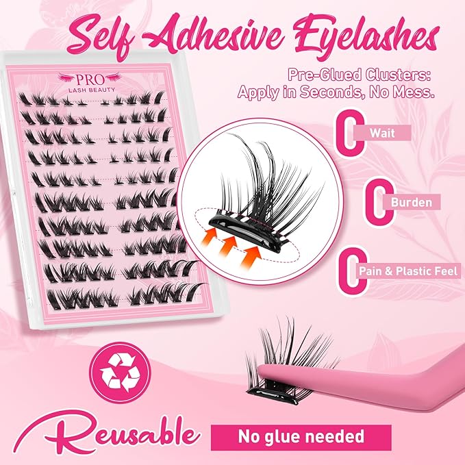PROLASHBEAUTY Self Adhesive Eyelashes Butterfly Lash Clusters Self Adhesive Lashes No Glue Needed Lashes 10-16MM Pre Glued Eyelashes Clusters with Anti-Stick Tweezer(Butterfly,10-16mix)