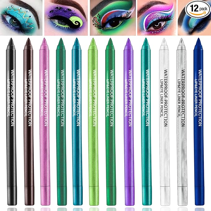 12 Colors Colorful Eyeliner Pencils Set Glitter Colored Eyeliner Pen Kit Metallic Pearl Green Purple White Blue Matte Eye Shadow Pencil Long Lasting Waterproof Professional Eye Makeup Pen Set (12Pcs)