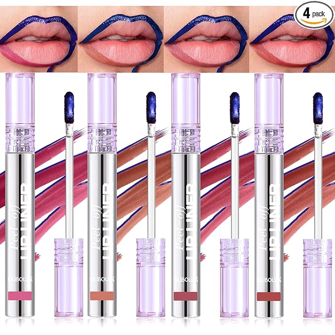 BANGFENG 4Pcs Peel Off Lip Liner Stain Set - 24H Color Hold Long-Lasting, Smudge-Proof, Waterproof Nude Matte Lip Tint, Non-Fading Peel Off Lip Color, Effortless Precision & Full Coverage