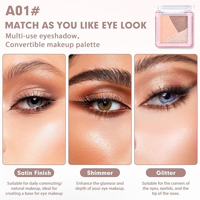 Eyeshadow Palette-Mini 3-in-1 Eye Shadow Powder Palettes Makeup-Matte&Shimmer Baked Eye Shadow for Women，paleta de sombras de ojos，Buildable Smooth Silky Waterproof for Daily Look，01Peach Brown