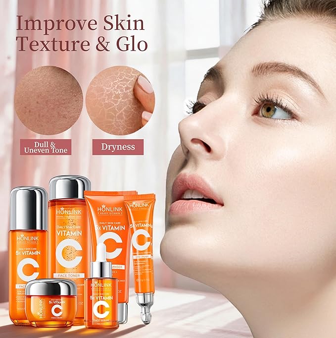 6-Piece Hydrating Skincare Set with Vitamin C & Niacinamide, Face Care Kit Includes Toner, Serum, Cleanser, Moisturizer, Eye Cream & Body Lotion | Mother’s Day Gift for Women