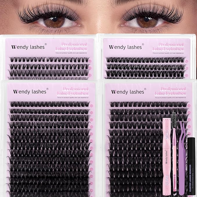 Natural Lash Clusters Kit Packs: Wendy, 1078Pcs, 40D, 60D, 60D, 80D, D Curl, 10-18mm Mixed, Soft, Cat Eye, DIY Eyelash, Individual, Fake Lashes, Bulk Pack