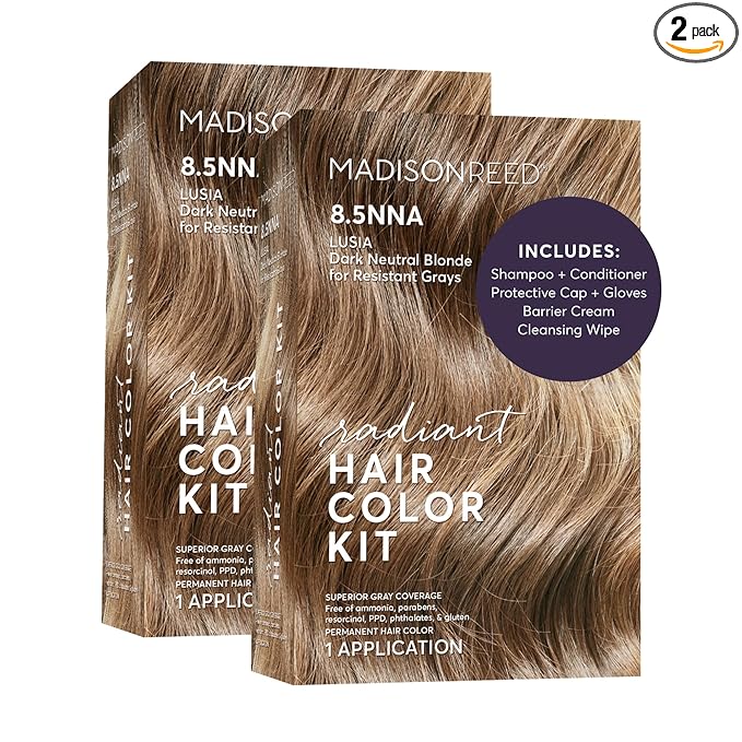 Madison Reed Radiant Hair Color Kit - 8.5NNA Dark Neutral Blonde (Lusia Blonde), 100% Gray Hair Coverage Permanent Hair Dye for Resistant Grays | PPD-Free & Ammonia-Free, 2 Pack