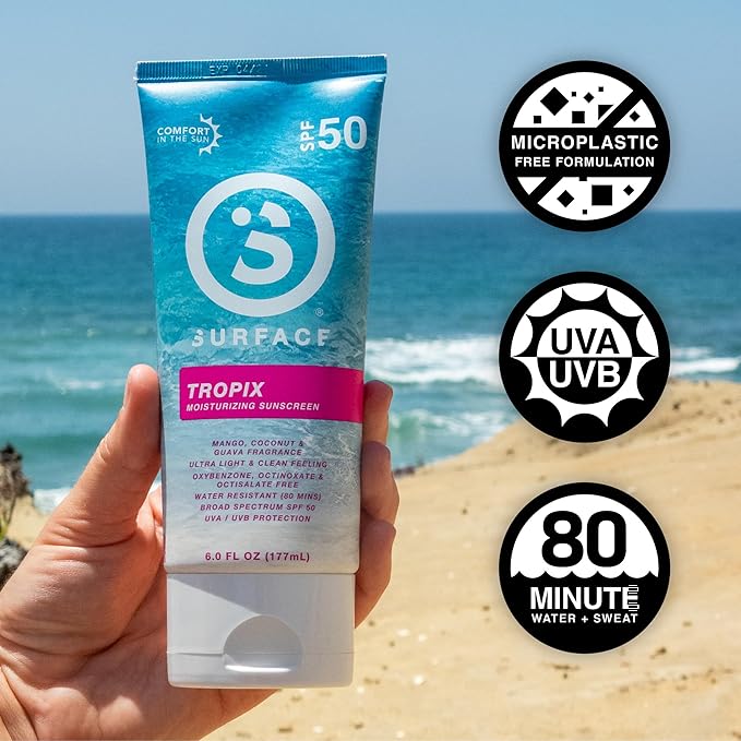 Surface TROPIX Sunscreen Lotion SPF 50 - Reef Safe, PABA Free, Hawaii 104 Compliant - Lightweight Non-Greasy Sunscreen for Face and Body, Tropical Scent (Coconut Mango), 6 oz