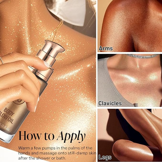 Shimmer Oil, SPF 45 Sunscreen Body Makeup Waterproof No Transfer Body Luminizer Lotion Glow for Women, Liquid Illuminator Bronzer, Long-lasting, Radiance Skin (01#Rose Gold)