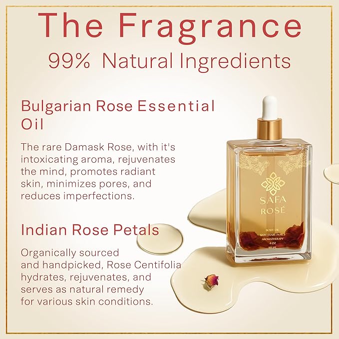 SAFA Rosé Oil for Face, Body, Hair & Nails | After Shower Organic Rose Body Oil | Bulgarian Rose Essential Oil with Apricot, Moroccan Argan & Vitamin E | Long Lasting Natural Fragrance - 4 Fl Oz