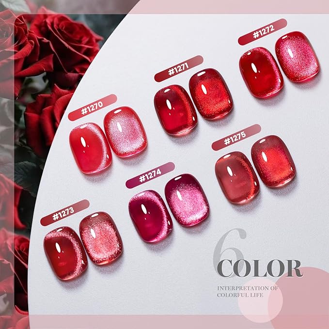 RARJSM Red Cat Eye Gel Nail Polish Set 6 Pcs Smoothie Ceramic Silver White Glitter Shimmer Burgundy Cherry Dark Wine Red Velvet Diamond Cateye Gel Polish with Magnetic Stick Soak off Curing Require