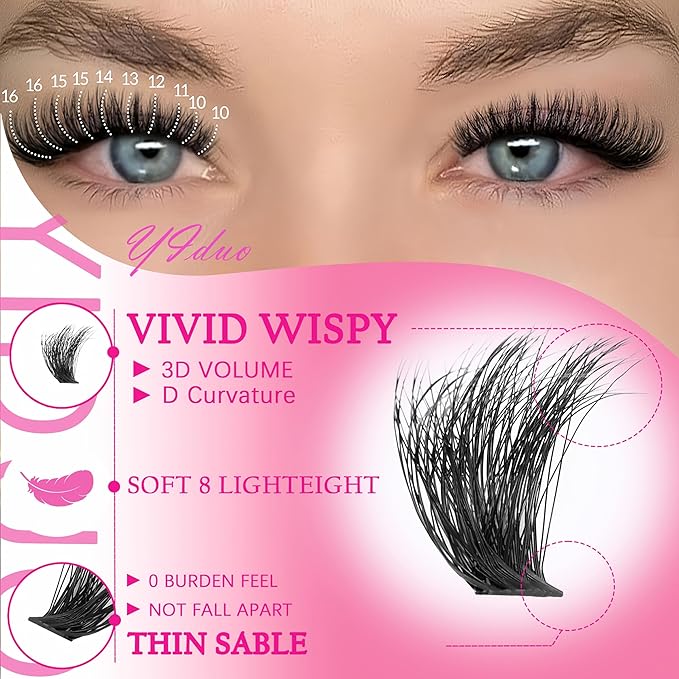YIDUO Lash Clusters Kit 40D+50D+80D+100D Volume Left&Right Cat Eye Cluster Eyelash Extensions Kit 560pcs 10-20mm Wispy Individual Eyelash Extension with Lash Bond and Seal Removers Tweezers