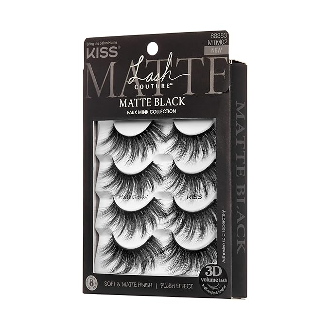 KISS Matte Black, False Eyelashes, 'Matte Cheviot', 18mm-20mm, Includes 4 Pairs Of Lashes, Easy to Apply, Reusable Lash Clusters
