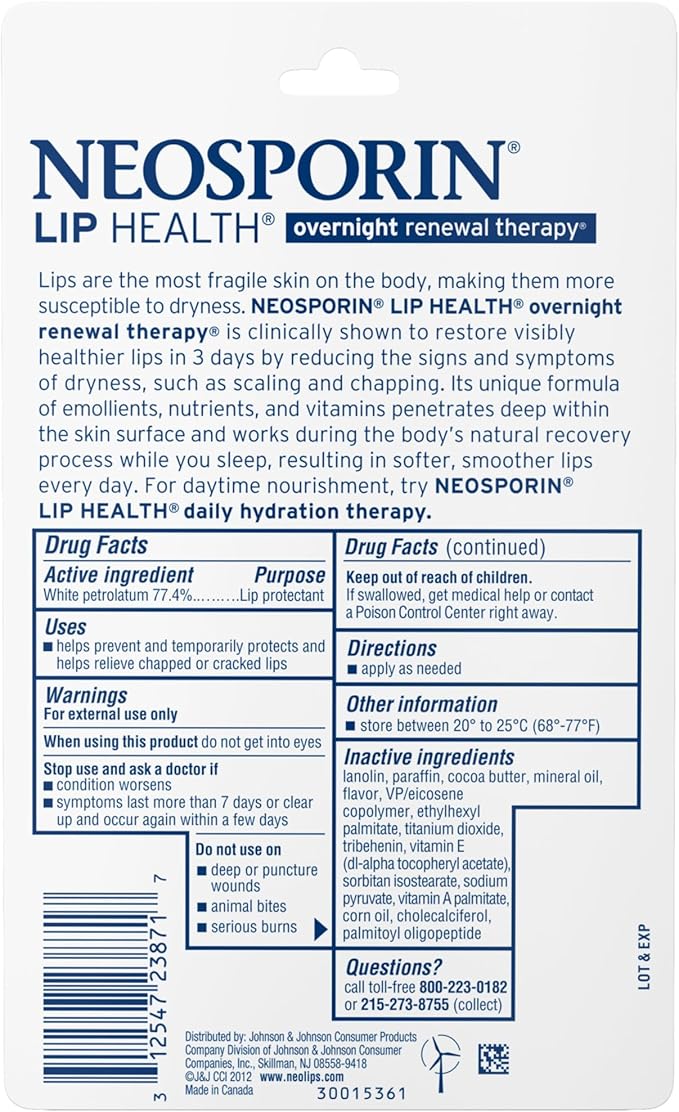 Neosporin Lip Health Overnight Renewal Therapy White Petrolatum Protectant and Moisturizer to Nourish & Repair Dryness, Helps Relieve, Prevent, Hydrate, & Protect, 0.27 oz, 2 Pack
