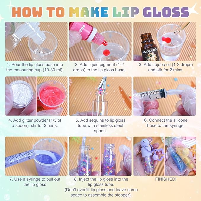 Jcoos Lip Gloss Making Kit, Lip Gloss Set for Women Lip Kit Fun DIY Lipgloss Making Kit, Make Your Own Lip Gloss Kit, Moisturizing Glitter Keychain Birthday Gifts Girls Trendy Stuff