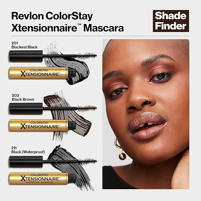 Revlon ColorStay Xtensionnaire Lengthening Lash Serum and Mascara In One, Tapered Brush for 2X Longer Looking Eyelashes, Infused with Pro Vitamin B5, Smudge-Proof, 201 Blackest Black