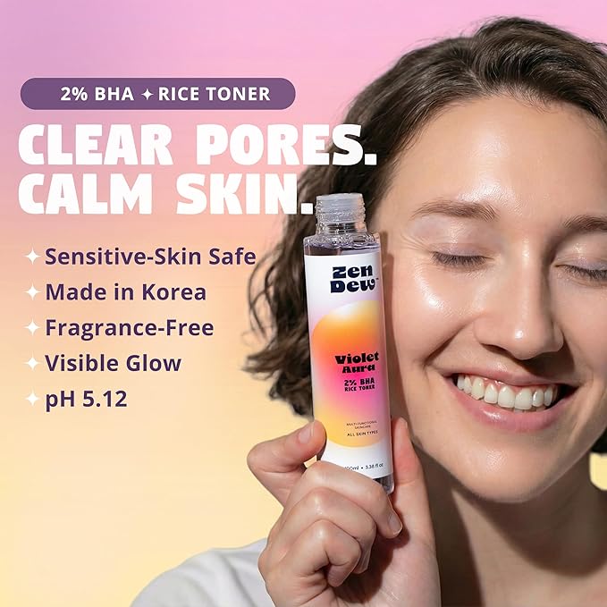 Violet Aura - 2% BHA Exfoliating Toner with Salicylic Acid for Sensitive Skin. Gentle, Hydrating Formula. 2% Niacinamide, Rice Extract & Azulene. Glass Skin, Smoother Texture & Barrier Support