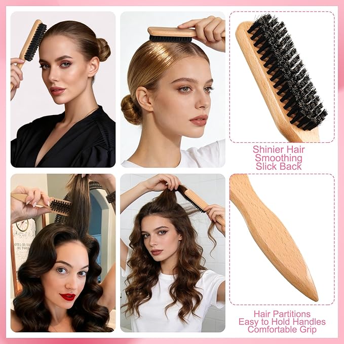 4 Pcs Boar Bristle Slick Back Hair Brush Comb with Hair Wax Stick and 500 Elastic Hairs Bands for Women Men Sectioning, Parting