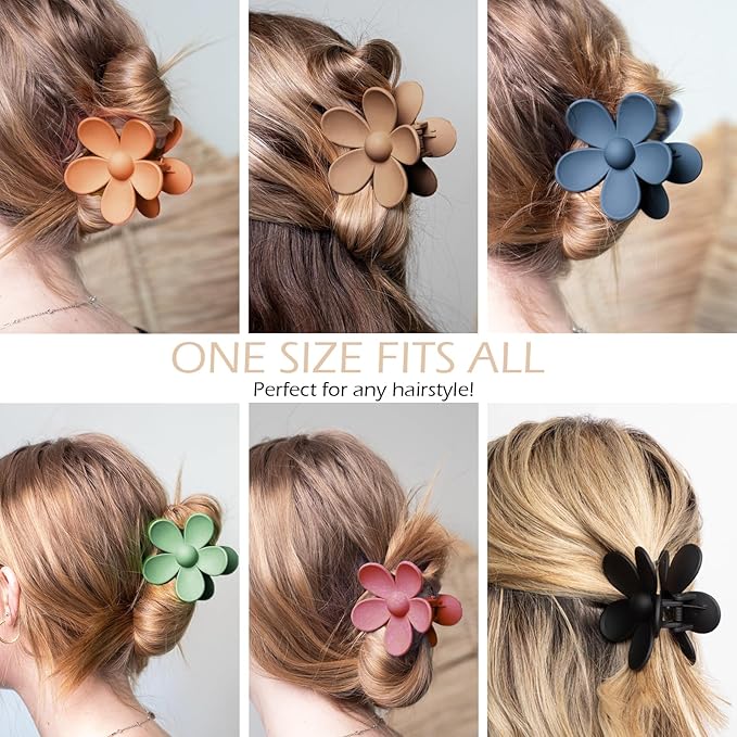 Flower Hair Clips 6 PCS for Women, Flower Claw Clips Matte Large Claw Clips Strong Hold Jaw Clamps Hair Accessories for Thick Hair 6 Colors