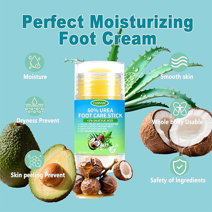 Urea Cream 60% plus Salicylic Acid 2% Urea Foot Care Stick, Foot Cream for Foot Callus Remover, Feet Moisturizer Stick, Foot Balm Stick for Dry Cracked Heels, Hands, Knees, Hydrating Heel Balm