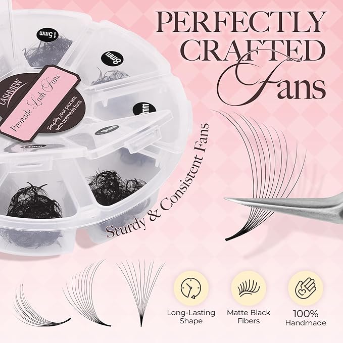 LASHVIEW 600 Premade Volume Eyelash Extensions Mixed Tray Fans D Curl Pointed Handmade Loose Fans Thin Base (10D-0.05D,8-15mm)