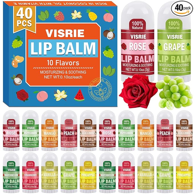 VISRIE 40 Pack Mini Lip Balm Bulk, Natural Lip Balm with Vitamin E & Beeswax, Moisturizing Lip Care for Dry Lips, Perfect for Party Favors, Care Packages & Small Gifts
