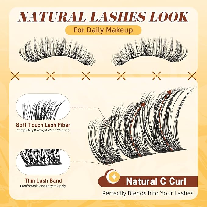 QUEWEL Lash Clusters Kit, 144PCS Natural Lash Custers with Lash Bond and Seal, C Curl Wispy Cluster Lashes Natural Look with Thin Band Easy to use for Beginners (DJ-FD-B）