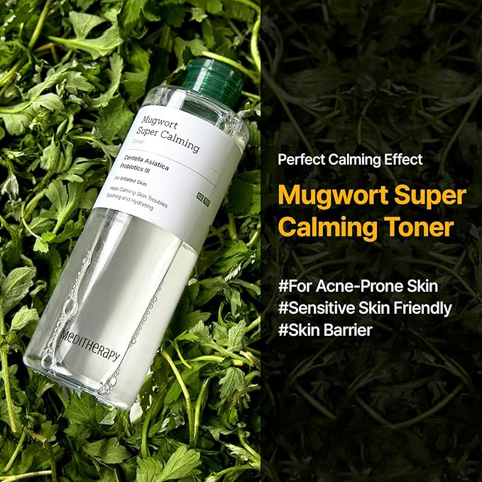 MEDITHERAPY Mugwort Super Calming Toner - Korean Hydrating Toner for face, Purifying Mugwort Essence, Soothing, Calming, Refreshing Facial Toner for Dry, and Sensitive Skin, Daily Skincare, 8.45 fl.