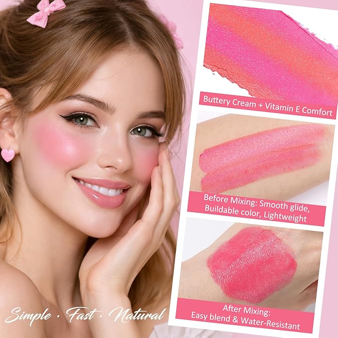 UCANBE Coral Pink Cream Blush Stick for Cheeks, Duo-Tone Buildable Blush Makeup, Hydrating Lightweight Face Blush with Vitamin E, Natural Dewy Finish, Long-Wearing, Water-Resistant