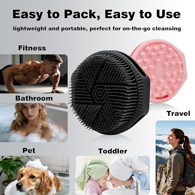 Silicone Body Scrubber for Men Women, Dual-Sided Bath Brushes Gentle Exfoliating Body Scrubber Scalp Massager for Deep Cleansing, Soft Silicone Loofah Body Washing Brushes (Black+Pink)