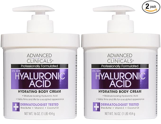 Advanced Clinicals Hyaluronic Acid Moisturizer Body Cream With Vitamin E | Hydrating Cream & Body Lotion For Women & Men To Help Improve Look of Wrinkles, Dry Skin, Crepey Looking Skin, 16OZ, 2-Pack