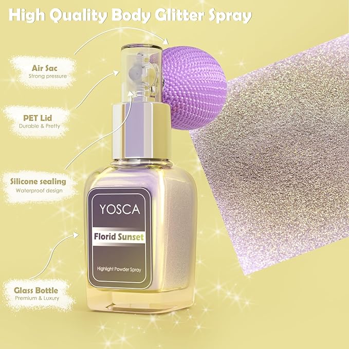 Yosca Highlighter Powder Spray, 20ML Cosmetic High Gloss Body Shimmer Powder Fairy Dust Highlighter Sparkle Face Makeup Setting Magic Diamond Glitter Spray Shimmer Face Body Skin Hair Clothes