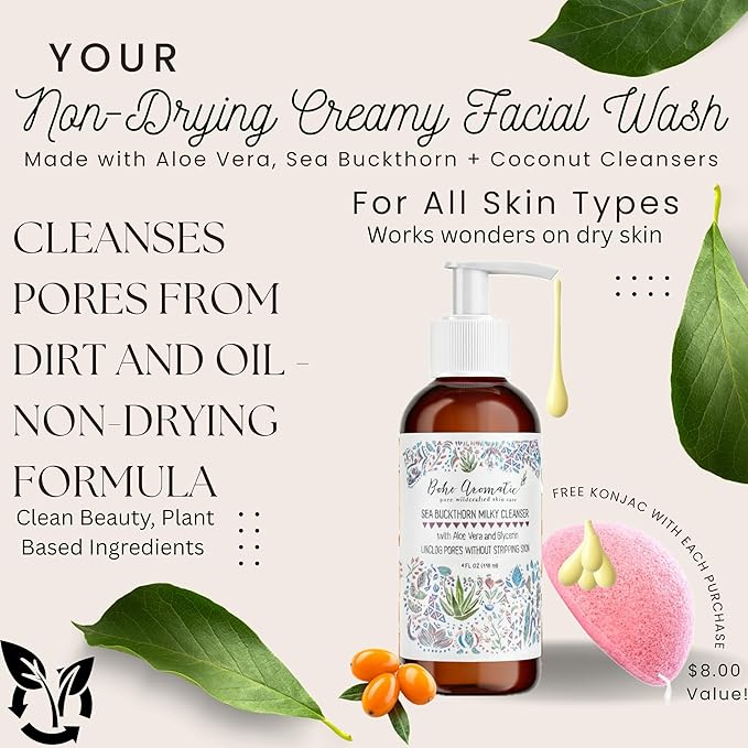 Sea Buckthorn Milky Face Wash – Gentle Creamy Daily Facial Cleanser with Aloe Vera – Brightening, Non-Drying, pH-Balanced Formula for Sensitive Skin & Pores – Anti-Aging Natural Hydrating Skincare