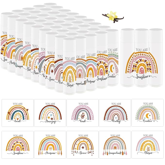 50 PCS Bohemian Rainbow Lip Balm Bulk Inspirational Words Appreciation Gift for Mom Teacher Nurse Thank You Gifts Moisturizer Lips for Mother's Day Baby Shower Wedding Bridal Shower