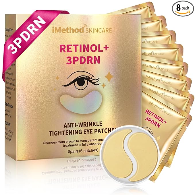 iMethod 3PDRN & Retinol Eye Patches, Hydrogel Under-Eye Masks for Dark Circles, Puffiness & Wrinkles, with Hyaluronic Acid & Collagen – Self-Care Gift for Women, Travel, 8 Pairs