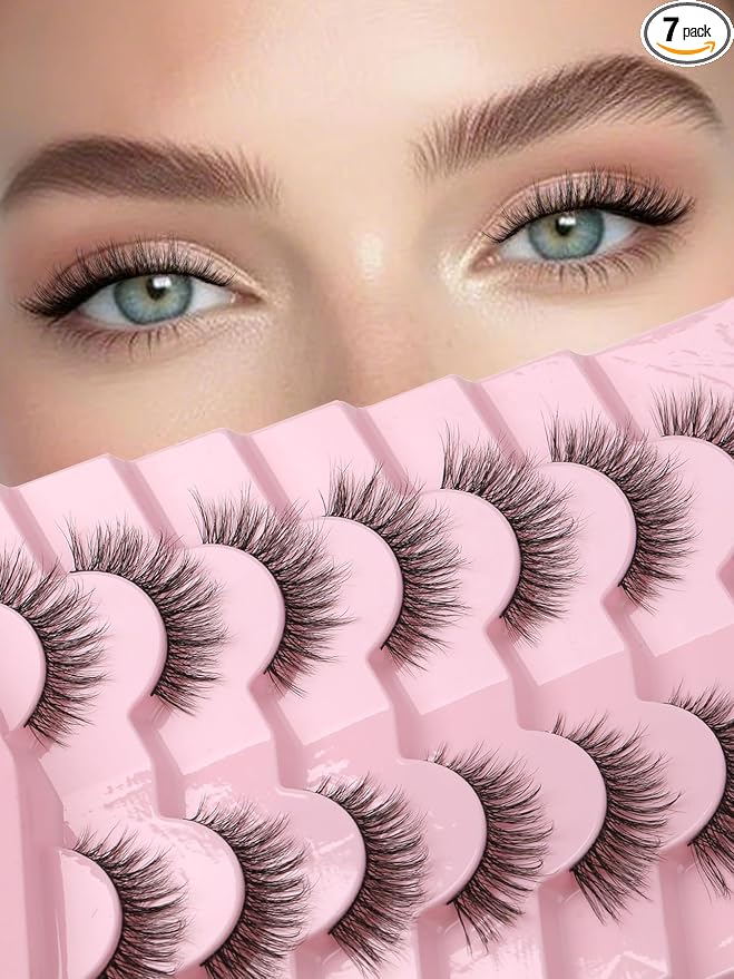 Eyelashes Natural Cat Eye Lashes 16mm Flase Eyelashes Flared Strip Lashes Fluffy False Lashes That Look Like Extensions C Curl Wispy Lashes Siligli Soft Lashes Pack 7 Pair
