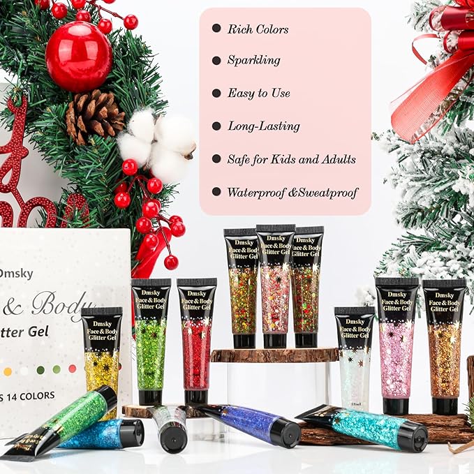 14 Colors Body Glitter,Face Glitter Makeup for Kids Women,Sparkly Chunky Hair Glitter for Eye Lip Nails,Mardi Gras Glitter Makeup Face Paint,Singer Concerts Disco Rave Festival Accessories