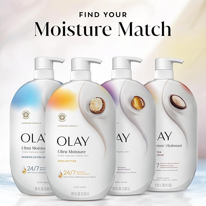 Olay Body Wash for Women, Ultra Moisture, 24/7 Moisture Barrier Repair, Hydrating Formula for Visibly Healthy Soft Skin, Vitamin B3 & Hyaluronic Blend, For All Skin Types, Shea Butter Scent, 35 fl oz