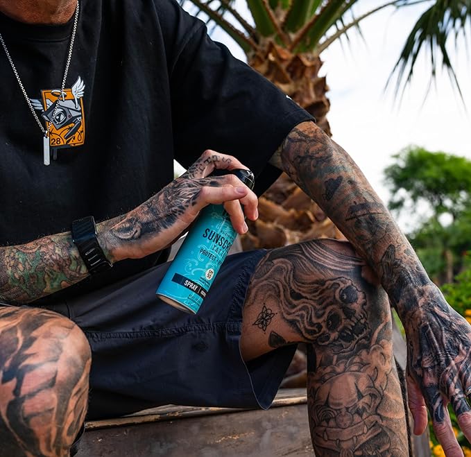 INK-EEZE Tattoo Sunscreen Spray SPF 50, UVA/UVB Blocking, Dries Clear, Ozone Reef Friendly, Vegan, Made in USA, Coconut, 6oz spray