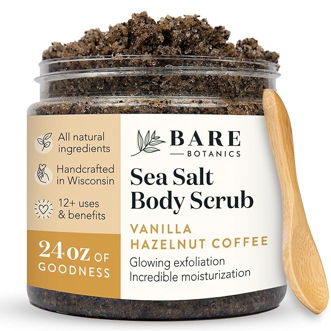 Bare Botanics 24oz Vanilla Hazelnut Coffee Sea Salt Body Scrub | Non-toxic, Vegan & Cruelty-free | Made in Madison, WI | Full Body Exfoliator & Hydrating Moisturizer with a Cute Wooden Spoon