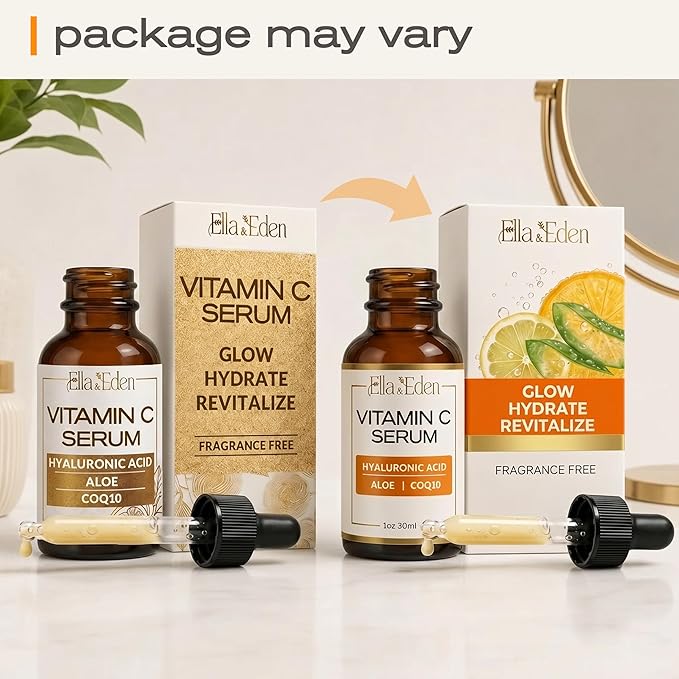 Ella & Eden Vitamin C Serum for Face - Hyaluronic Acid, Aloe Vera, Vitamin E, CoQ10 - Anti-aging, Skin Brightening - USA Made - Paraben-Free, Fragrance-Free, Suitable for All Skin Types - 1 Fl Oz