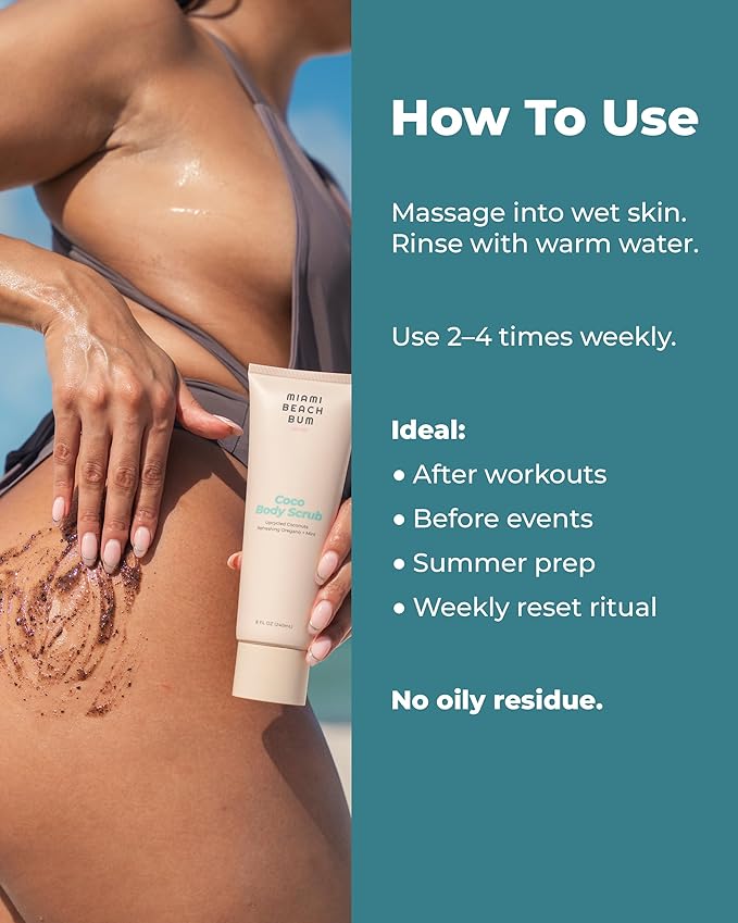 Miami Beach Bum Coconut Body Scrub - 8 oz Coco Body Exfoliator Scrub with Oregano, Lactobacillus, Aloe, Glycerin & Coconut Oils for Breakouts & Irritation - Made with Upcycled Coconut Shells