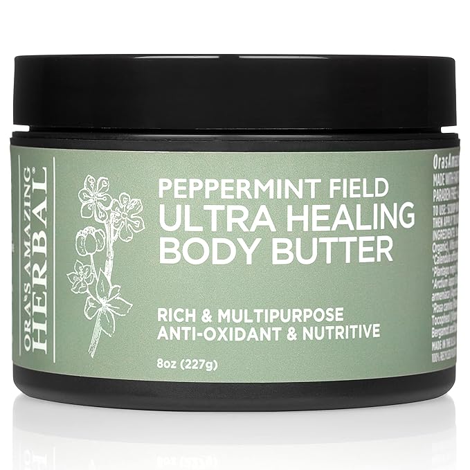 Ora's Amazing Herbal Ultra Healing Body Butter, Intensive Moisturizer For Dry Skin, Spearmint & Bergamot Essential Oil, 8 oz, Peppermint Field Scent