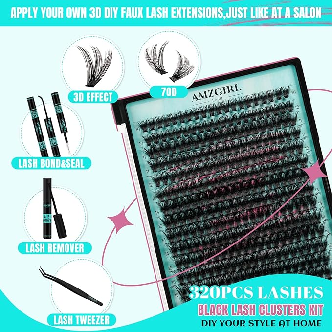 Lash Clusters Kit 320Pcs, 70D DIY Individual Extensions, Bond and Seal, Remover, Applicator Tool for False Eyelashes at Home (D-Mix10-16mm)