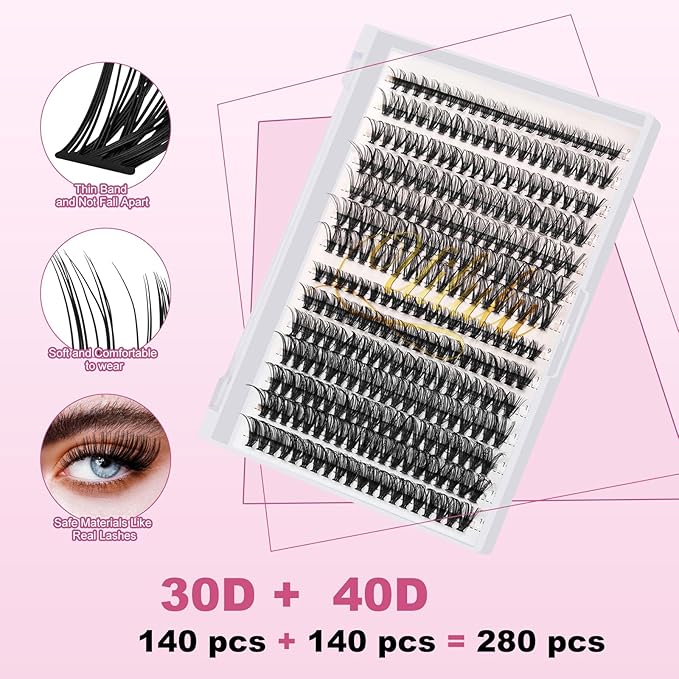 Uilulu Lash Clusters Individual Lashes D Curl 30+40D 0.07D 9-16 MIX 280 Clusters Lashes DIY Lash Extensions at Home False Lashes Wispy Eye Lash Clusters